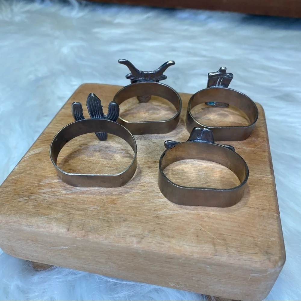 4 Silver Metal Western Cowboy Hat Desert Cactus Boots Napkin Rings
